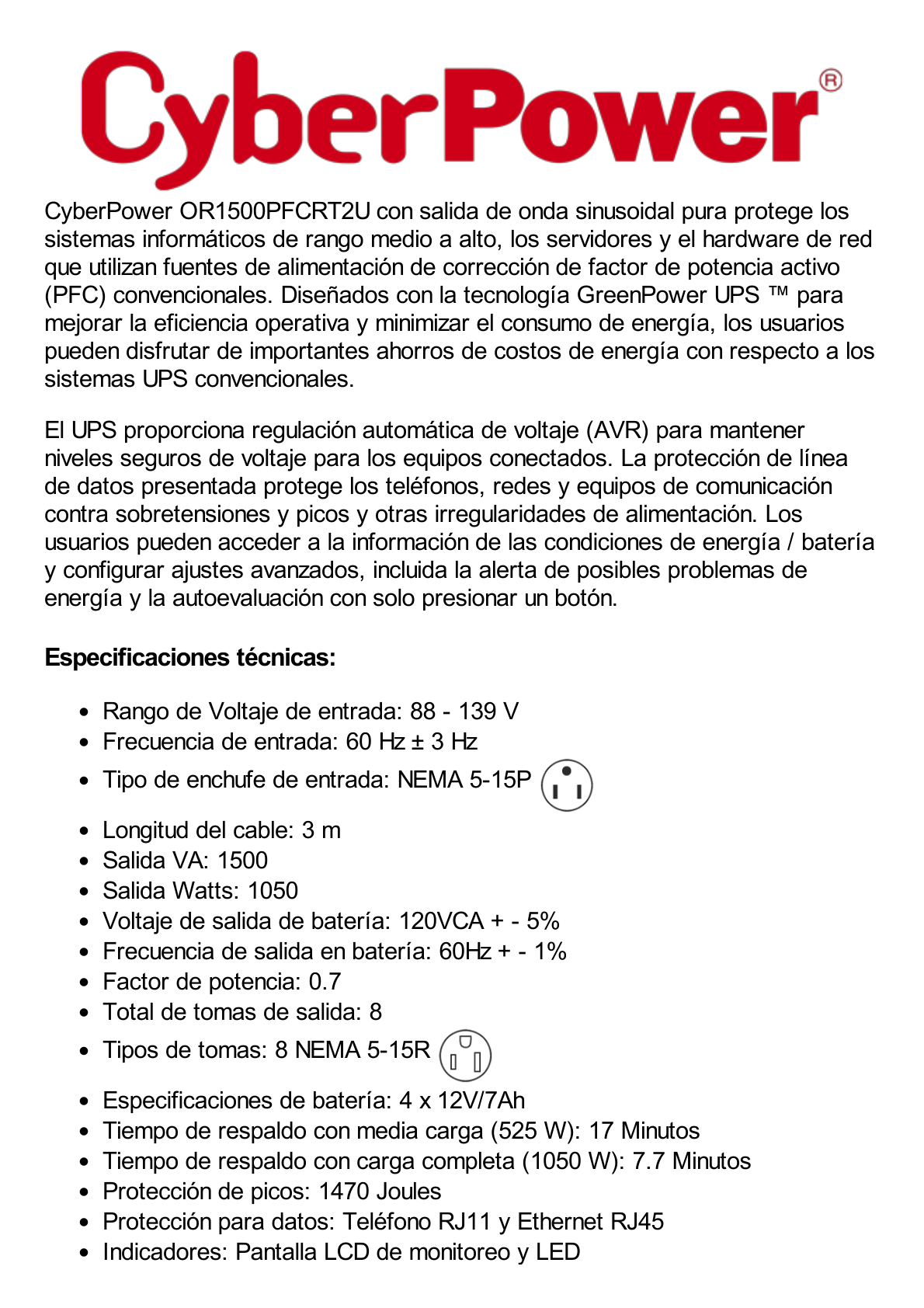 UPS de 1500 VA/1050 W, Topología Línea Interactiva, Entrada 120 Vca NEMA 5-15P, Onda Senoidal Pura, Torre o Rack 2 UR, Con 8 Tomas NEMA 5-15R