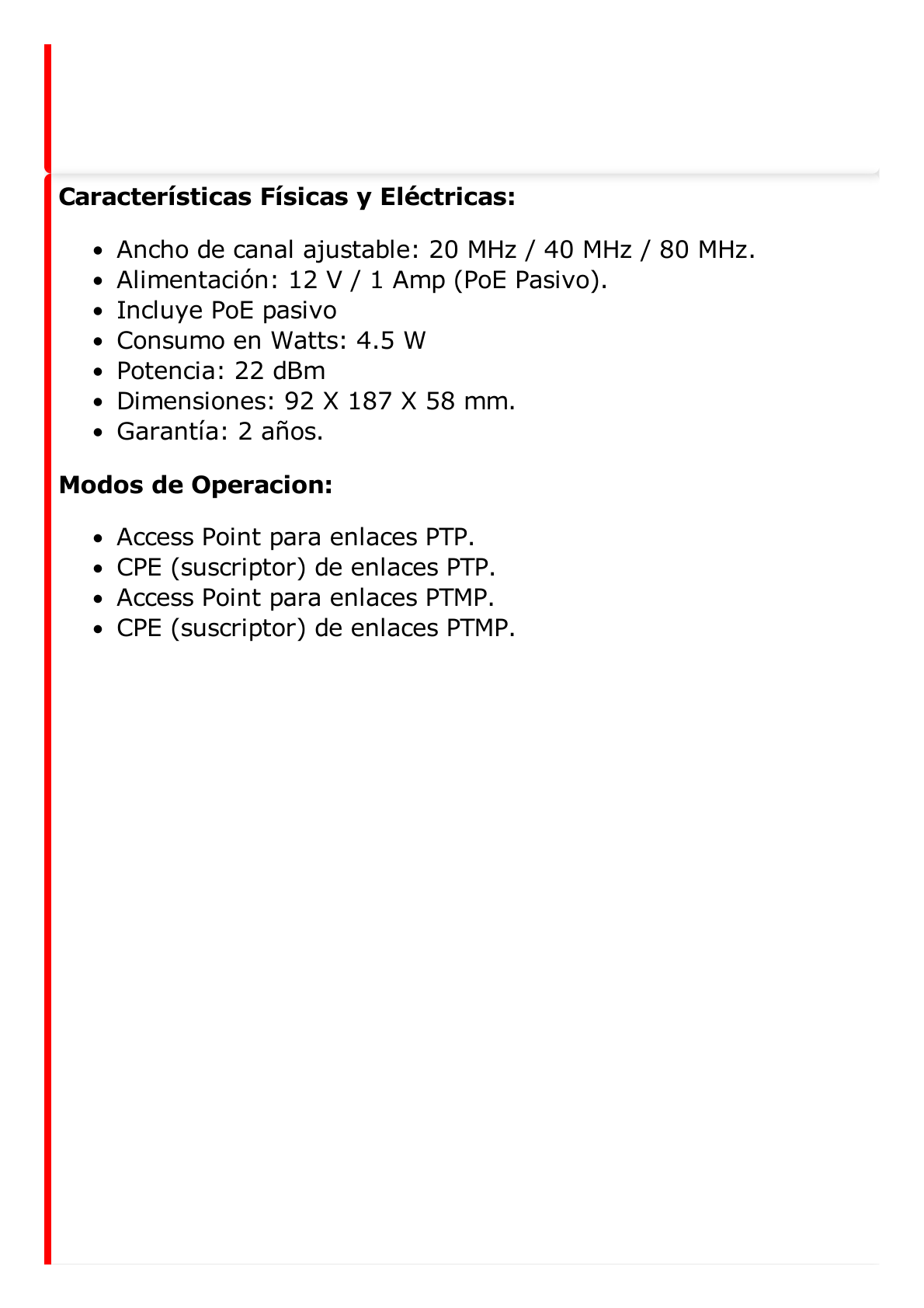 Punto de Acceso (AC) PTP y PTMP en 5 GHz / Hasta 867 Mbps / Antena Sectorial de H: 35° / MIMO 2X2 / 12 dBi de Ganancia / Uso en Exterior