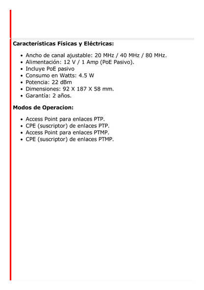 Punto de Acceso (AC) PTP y PTMP en 5 GHz / Hasta 867 Mbps / Antena Sectorial de H: 35° / MIMO 2X2 / 12 dBi de Ganancia / Uso en Exterior