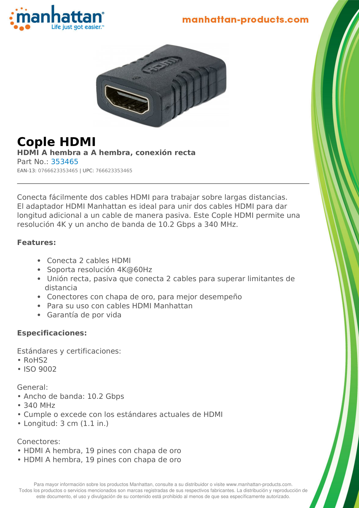 COPLE MANHATTAN HDMI A HEMBRA A HEMBRA CONEXIÓN RECTA