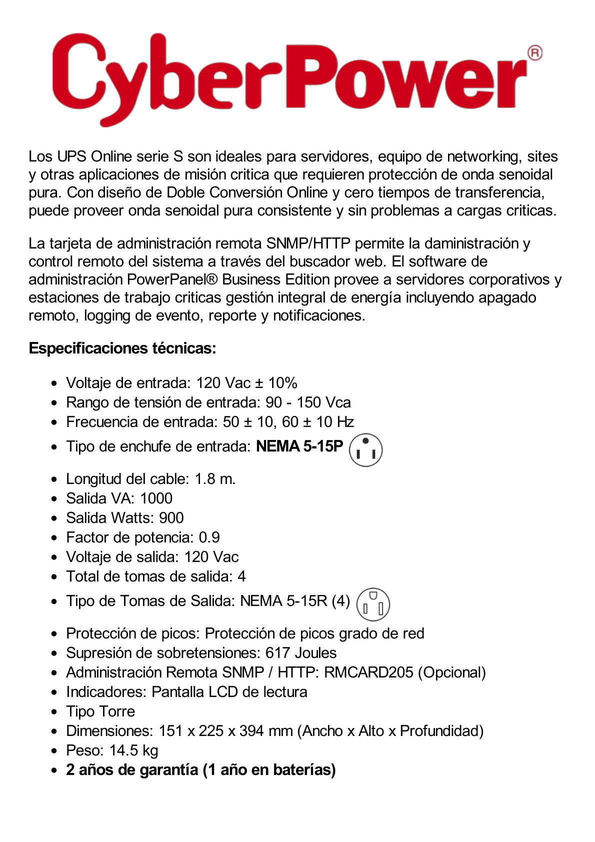 UPS de 1000 VA/900 W, Online Doble Conversión, Entrada 120 Vca NEMA 5-15P, Onda Senoidal Pura, Tipo Torre, Con 4 Tomas NEMA 5-15R