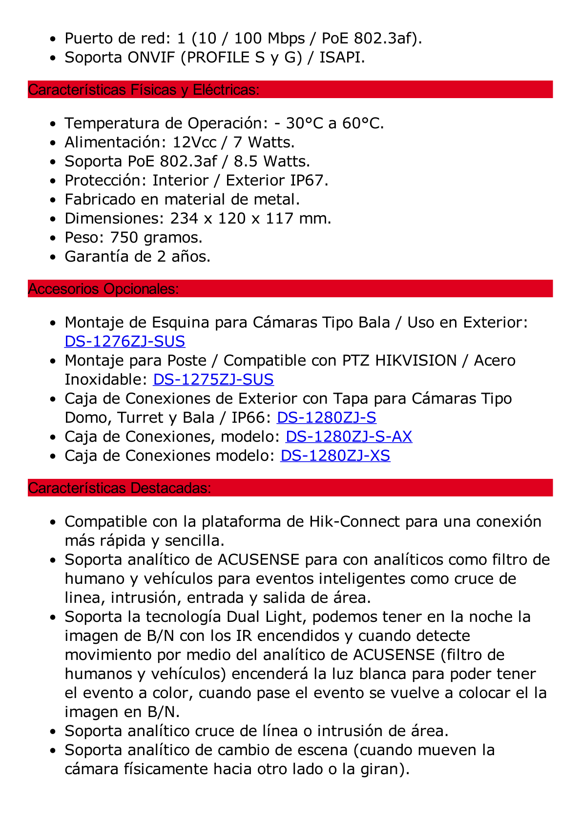 [Dual Light + ColorVu] Bala IP 8 Megapixel (4K) / Lente 2.8 mm / 40 mts IR + 40 mts Luz Blanca /  Microfono Integrado / Exterior IP67 /   WDR 130 dB / ACUSENSE (Filtro de Falsas Alarmas) / Captura Facial / PoE / Metal / ACUSEARCH