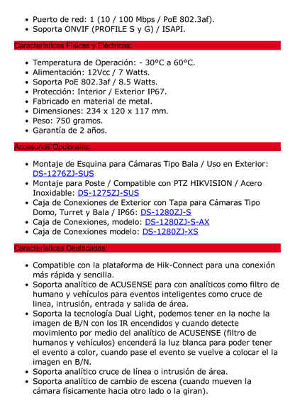 [Dual Light + ColorVu] Bala IP 8 Megapixel (4K) / Lente 2.8 mm / 40 mts IR + 40 mts Luz Blanca /  Microfono Integrado / Exterior IP67 /   WDR 130 dB / ACUSENSE (Filtro de Falsas Alarmas) / Captura Facial / PoE / Metal / ACUSEARCH