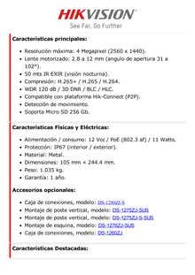 Bala IP 4 Megapixel / Lente Mot. 2.8 - 12 mm / 30 mts IR / H.265+ / Exterior IP67 / WDR 120 dB / Metal  / PoE / ONVIF