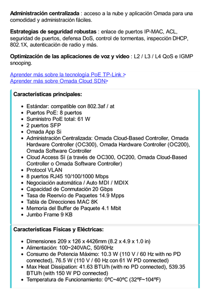 Switch PoE JetStream SDN Administrable 8 puertos 10/100/1000 Mbps + 2 puertos SFP, 8 puertos PoE, 61W, administración centralizada OMADA SDN