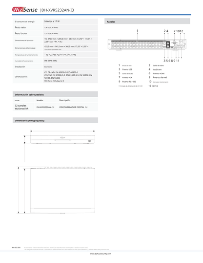 DVR Dahua DH-XVR5232AN-I3 32 canales de 5 mpx lite wizsense h.265 2 bahias de discos duros hasta 32 canales ip