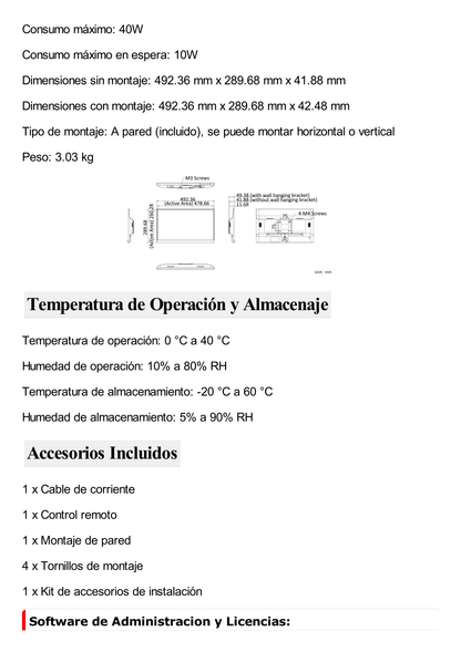 Pantalla LED de 22" para Publicidad Digital / Programación de Horarios / Contenido Personalizado / Sistema Operativo Android / 1 Entrada USB / WiFi