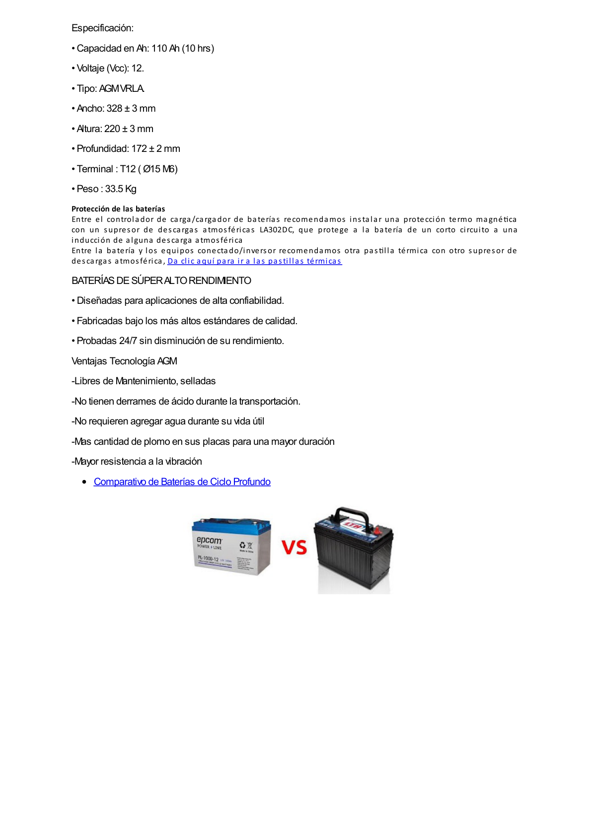 Batería 12 Vcc / 110 Ah / Ciclo Profundo / AGM-VRLA / Uso en Aplicación Fotovoltaica /Terminales Tipo Tornillo HEX M6