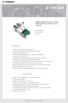 Tarjeta PCI Express X-Media  XM-PEX-1P2S con 2 puertos seriales DB9 RS232 y 1 puerto paralelo DB25 IEEE 1284 standard