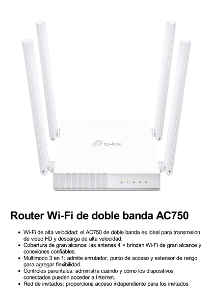 Router Inalámbrico doble banda AC, 2.4 GHz y 5 GHz Hasta 733 Mbps, 4 antenas externas omnidireccional, 4 Puertos LAN 10/100 Mbps, 1 Puerto WAN 10/100 Mbps