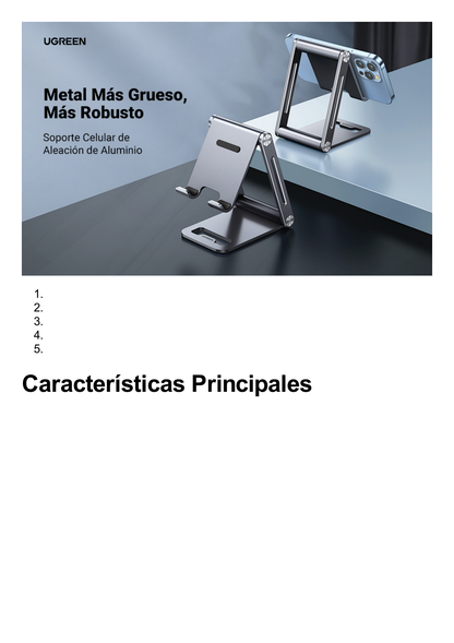 Soporte para Teléfono Celular de Aluminio / Angulo Ajustable / Amplia Compatibilidad con dispositivos de 4.7'' a 7.9'' / Antideslizante / Antiarañazos / Plegable / Color Gris