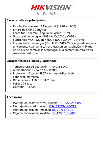 Domo TURBOHD 2 Megapixel (1080p) / Lente 2.8 mm / 30 mts IR EXIR / TVI-AHD-CVI-CVBS / IK10 / IP67 / WDR 120 dB / Ultra Baja Iluminación / Metal