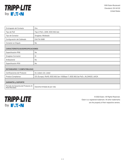 Cable patch UTP TrippLite N201-005-BL CAT 6 azul 1.52 m (5 pies) gigabit PoE RJ45 M/M Moldeado Snagless