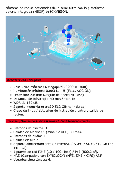 Domo IP 6 Megapixel / Lente 2.8 mm / 40 mts IR / Exterior IP67 / IK10 / Microfono Integrado / DARKFIGHTER / Audio y Alarma I/O / PoE / ONVIF / Micro SD / 4 Analíticos: AcuSense, Deteccion Facial, Conteo de Personas por Cruce y Zona