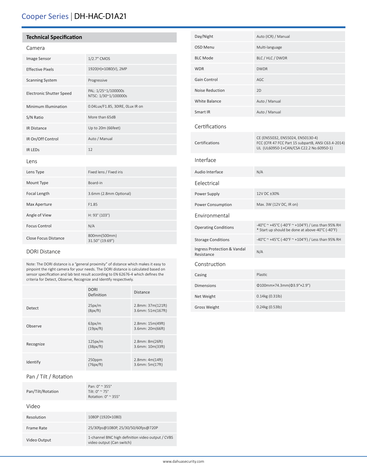 Camara Dahua DH-HAC-D1A21N-0280B domo HDCVI 1080p lente 2.8mm IR 20 m plastico interior 103 gds starlight IP67