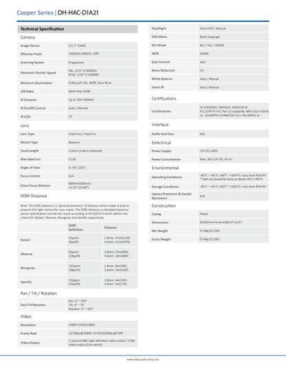 Camara Dahua DH-HAC-D1A21N-0280B domo HDCVI 1080p lente 2.8mm IR 20 m plastico interior 103 gds starlight IP67