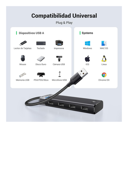 HUB USB-A 3.2 Gen1 4 EN 1 | 4 Puertos USB-A (5Gbps) | Carcasa ABS + PC | Soporta OTG | Luz Indicadora LED | Cable de Nylon Trenzado de 20cm (Mas de 20000 flexiones) | Interfaz Niquelada | Color Gris Metalizado.