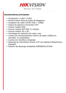 Body Camera Portátil / Grabación a 1920 × 1080p / Pantalla Frontal 1.77" TFT / Conexión Remota 4G / WiFi / GPS / Fotos de Hasta 40 Megapixel / IP68 / H.265 / 128 GB de Almacenamiento / Microfono Integrado