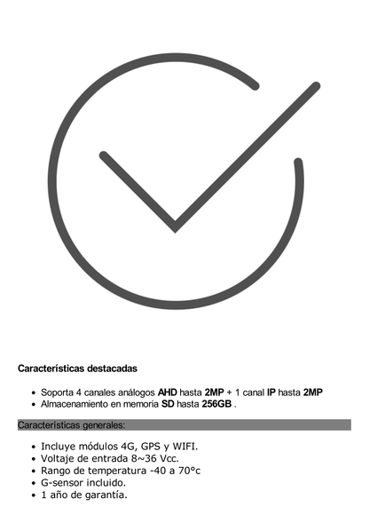 DVR Móvil / Multiplataforma / 4 Canales AHD 2 Megapixel / Almacenamiento en Memoria SD / H.265 / Chip IA Embebido / Soporta 4G / WiFi / GPS