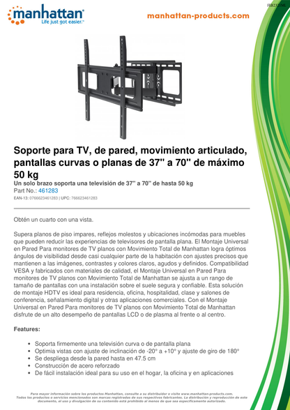 SOPORTE P/TV MANHATTAN P/PARED 50K 37 A 70 PULG UN BRAZO CURVAS O PLANAS