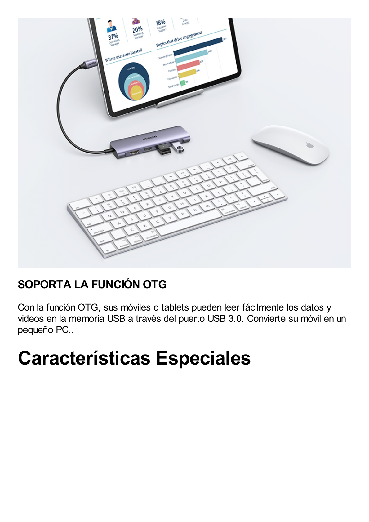 HUB USB-C Multipuertos / HDMI 4K@30Hz  / 3 Puertos USB-A 3.0 / Lector Tarjeta SD+TF (Uso Simultáneo) / 6 en 1 / Carcasa de Aluminio.