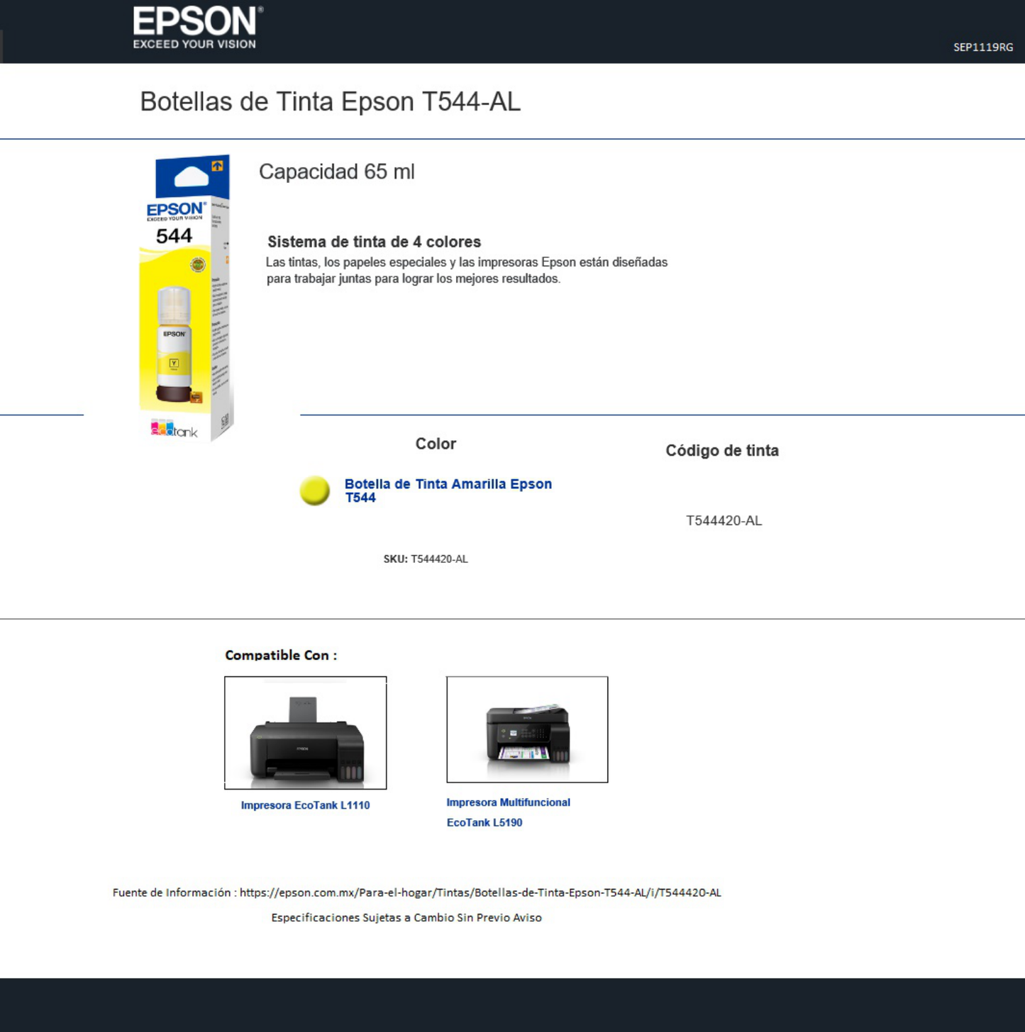 TINTA EPSON 544 T544420-AL AMARILLO BOTE ECOTANK L3110/L3150/L1110/L5190 (7 500 PAG)