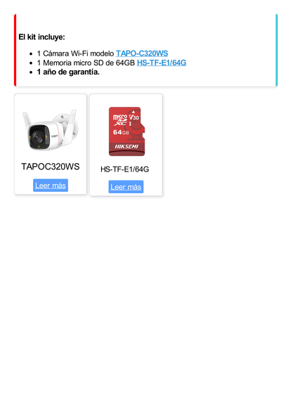 Kit de Cámara IP Wi-Fi / Incluye 1 Pieza Modelo TAPO-C320WS  /  Utiliza La App Tapo / 1 Memoria Micro SD Modelo Mod  HS-TF-E1/64G