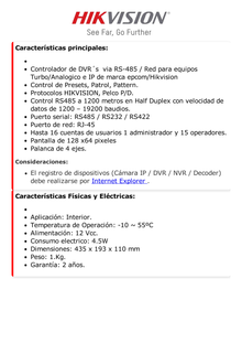 Controlador IP para DVR, NVR y PTZ a través de Red / Soporta RS-485 / Compatible con epcom, HiLook y HIKVISION