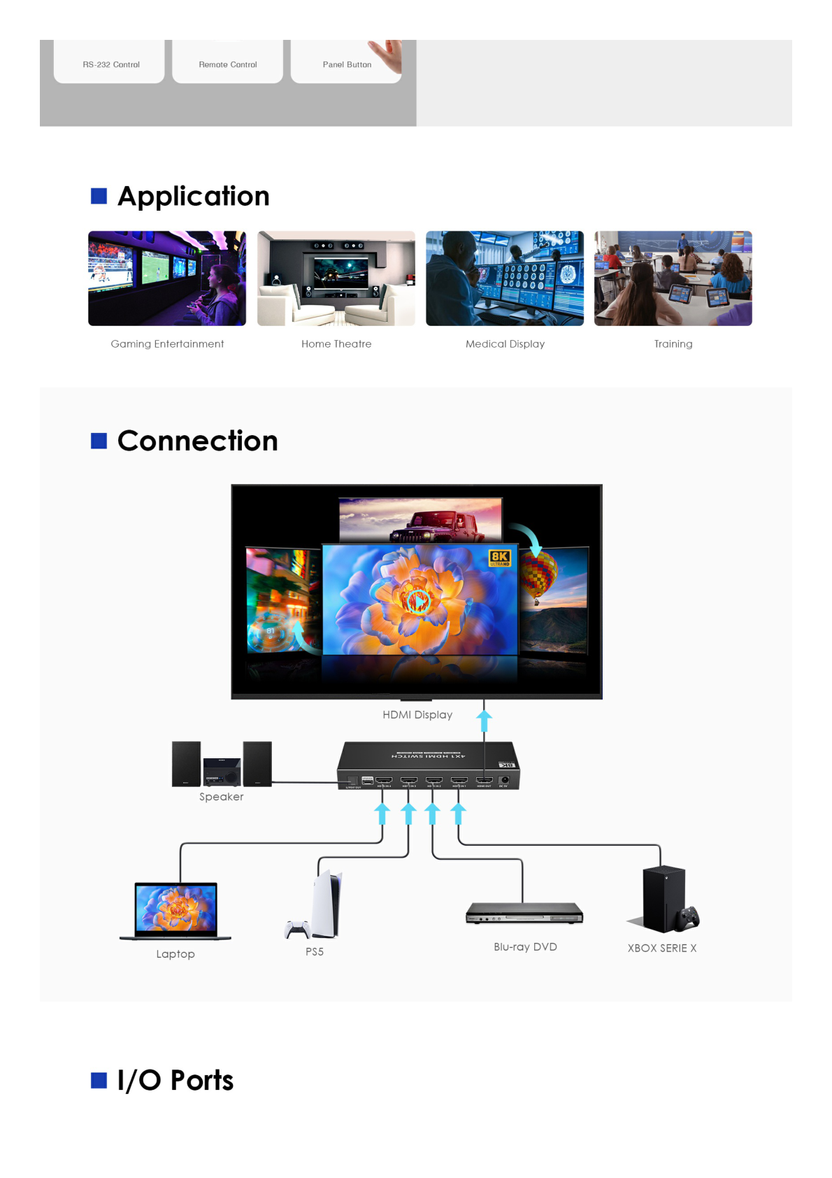 Switch Conmutador  HDMI 4X1 | 4 Entradas 1 Salida | Velocidad de trasmisión 48 Gbps | Resolución 8K | Salida de audio | HDCP 2.3