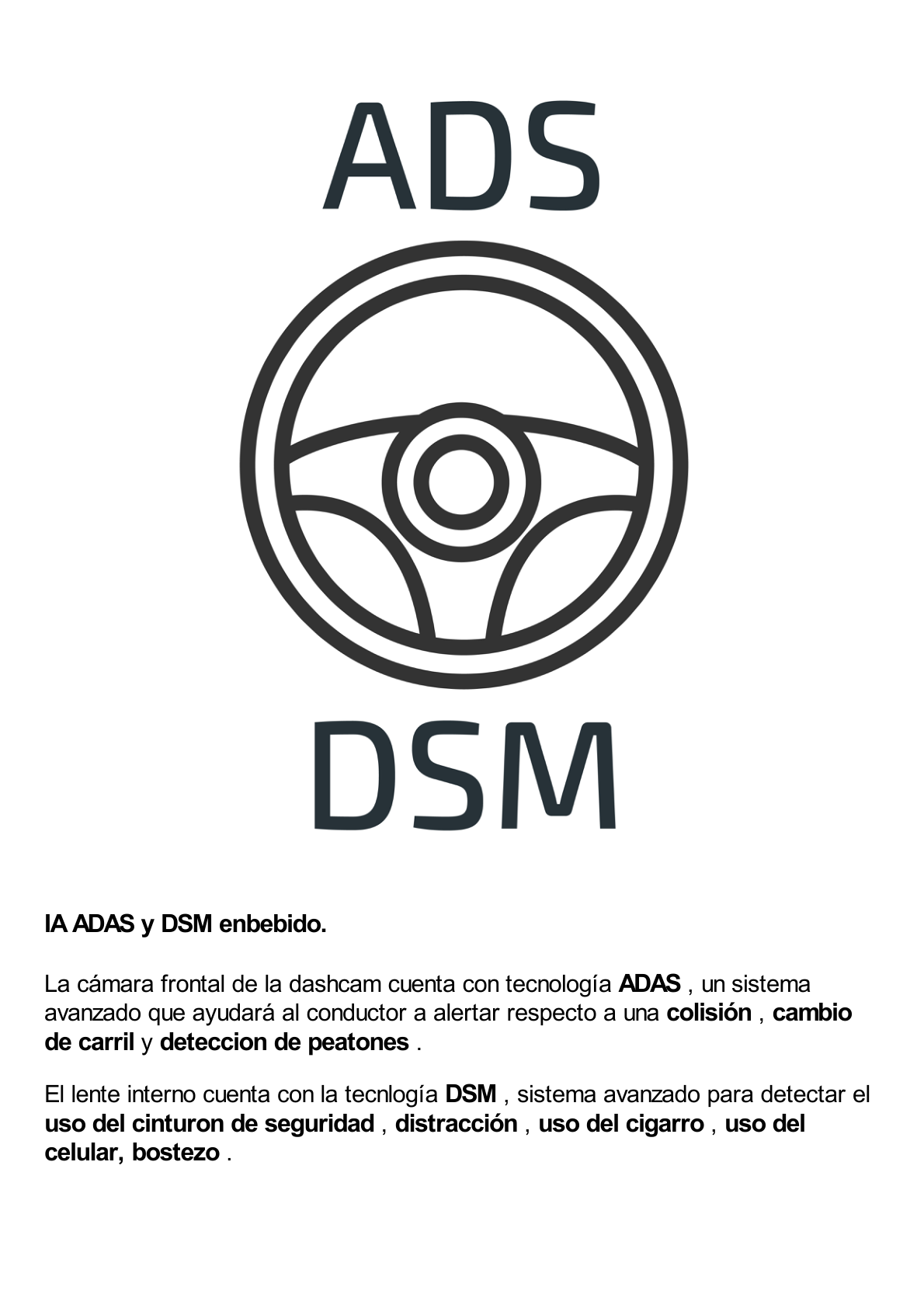 Dashcam / Multiplataforma / medición de combustible / solución ADAS y DSM integrado / almacenamiento en memorias MicroSD / cuenta con 4G y GPS