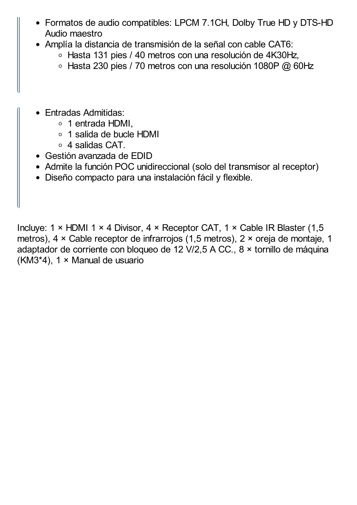 Splitter HDMI 1x4 | Extensor HDMI | 4K@30Hz 40m | 1080p@60Hz 70m | Función PoC |  4:4:4