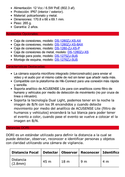 [Dual Light] Bala IP 2 Megapixel / Lente 2.8 mm / 30 mts IR + 30 mts Luz Blanca / Micrófono Integrado / ACUSENSE Lite / Exterior IP67 / H.265 / PoE / ONVIF / Micro SD