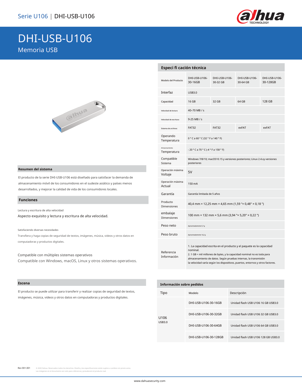 Memoria Dahua DHI-USB-U106-30-128GB usb de 128 gb lectura y escritura de alta velocidad sistema de archivos fat32