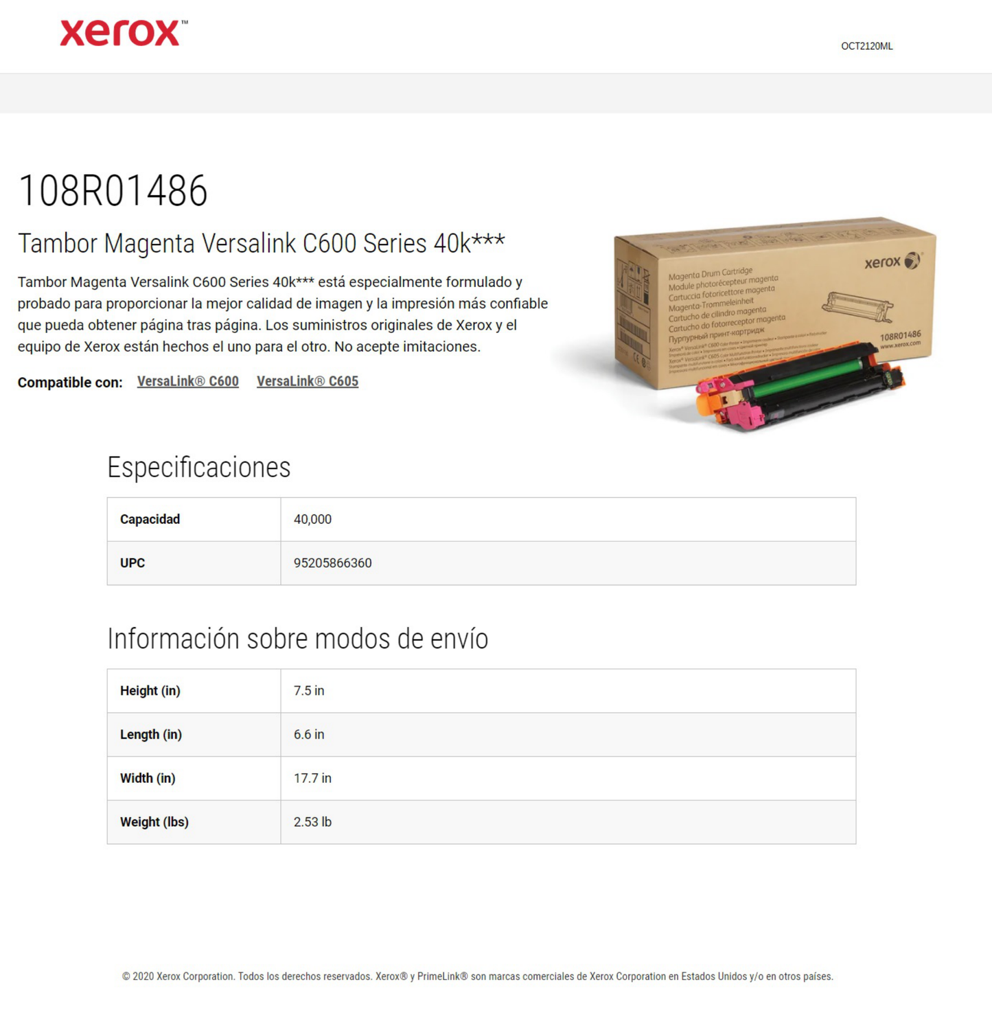 Tambor Xerox 108R01486 Magenta VersaLink Series C600 (40k Pág)