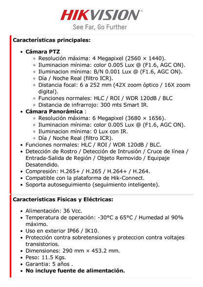 [TandemVu] Domo PTZ IP 4 Megapixel con Cámara Panoramica 180º de 6 Megapixel / 42X Zoom / 300 mts IR y 30 mts Luz Blanca / IP67 / IK10  / Autoseguimiento / Wiper / Deep learning / Entrada-Salida de Audio y Alarma / Ultra Baja Iluminació