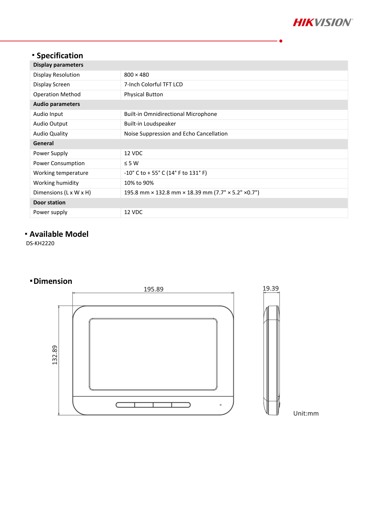 Monitor Hivision 7in Adicional para Videoportero Análogo DS-KIS202 / DS-KIS203