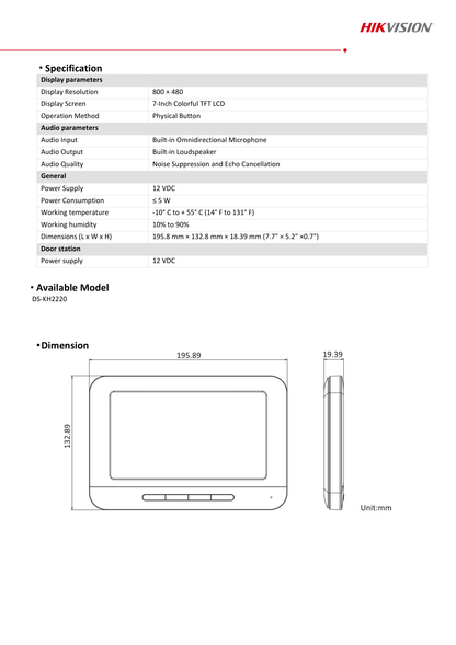 Monitor Hivision 7in Adicional para Videoportero Análogo DS-KIS202 / DS-KIS203