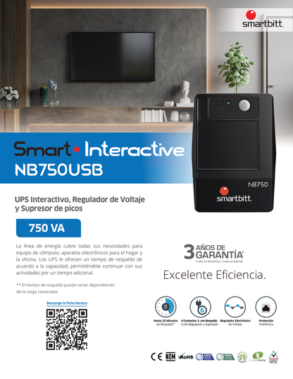 UPS interactivo Smartbitt SBNB750 750VA/375W 120V torre 6 NEMA 5-15R con respaldo batería regulación y supresor picos