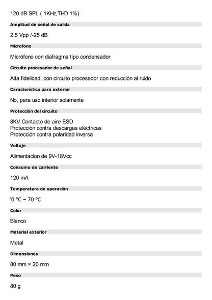 Micrófono omnidireccional para uso en "CAPTURA DE CONVERSACIONES"  para interior con distancia de recepción de 5-150 m cuadrados