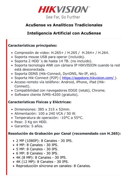 NVR 32 Megapixel (8K) / Reconocimiento Facial (Base de Datos) / 8 Canales IP / 2 Bahías de Disco Duro / 8 Puertos PoE+ / HDMI en 8K / ACUSENSE / Soporta POS / Deepin Mind