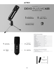 Microfono Acteck Devo Plus MC455 Negro USB C Condensador + Tripee + Filtros de sonido