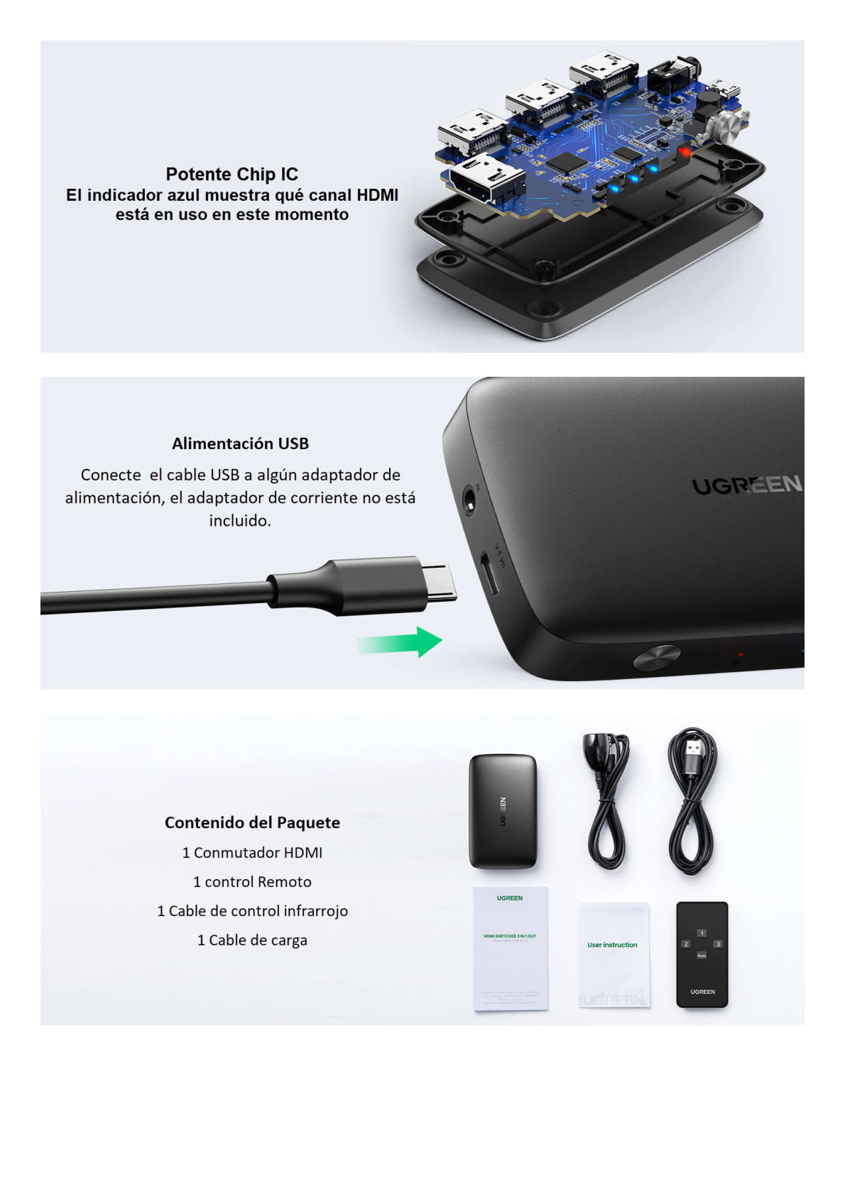 Conmutador HDMI (Switch) 4K@30Hz | 3 Entradas a 1 Salida | 3D | Transmisión Estable | Incluye Control Remoto | Receptor de Infrarrojos | Indicador LED | Chip Inteligente | Incluye Cable Micro USB para Alimentación.