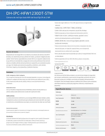 Camara Dahua DH-IPC-HFW1230DT-STW IP bullet WIFI 2 mpx lente de 2.8 mm 100 gds de apertura IR 30 m microfono IP67