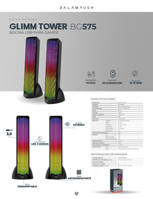 Bocinas Balam Rush Glimm Tower BG575 Blanco Bluetooth/auxiliar3.5 10w 2.0 iluminacion RGB Gamer