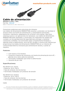 CABLE DE CORRIENTE MANHATTAN DE MONITOR A CPU EXTENSION 1.8M