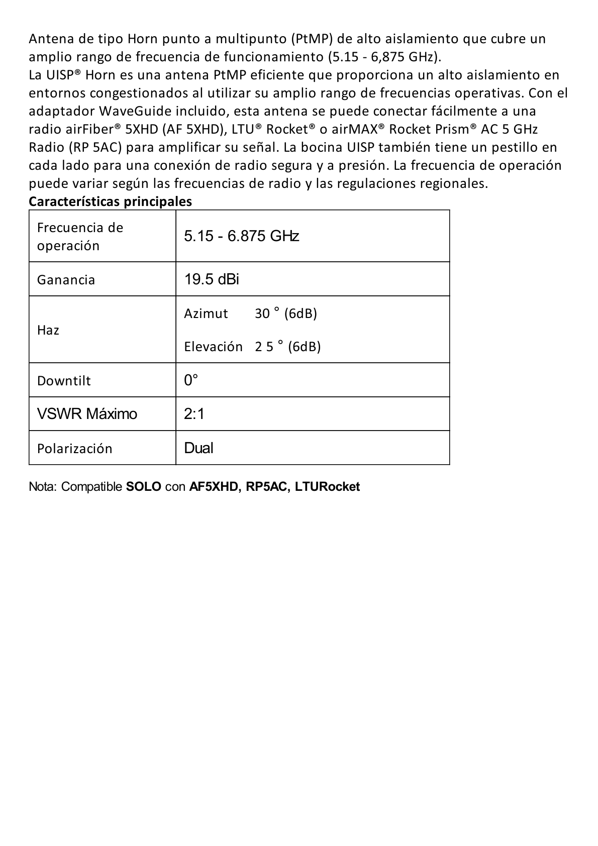 Antena Sectorial 30° tipo Horn para Multipunto, 19.5 dBi. Rango extendido 5.15 - 6.875 GHz. Alto aislamiento al ruido. Compatible solo con AF5XHD, RP5ACGEN2 y LTURocket