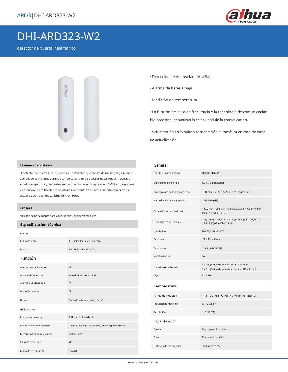 Contacto Dahua DHI-ARD323-W2 magnetico inalambrico tiene 1 entrada de contacto seco ledi indicado alarma bateria baja deteccion de intensidad de señal y funcion de salto de frecuencia