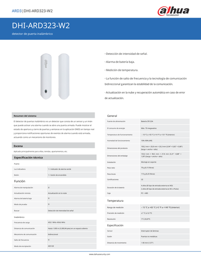 Contacto Dahua DHI-ARD323-W2 magnetico inalambrico tiene 1 entrada de contacto seco ledi indicado alarma bateria baja deteccion de intensidad de señal y funcion de salto de frecuencia