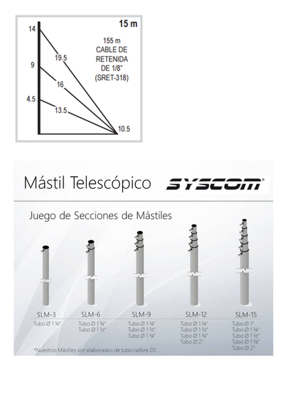 Mástil telescópico de 15 m (49.2 ft) Compuesto por 5 Secciones Concéntricas (requiere accesorios de instalación)