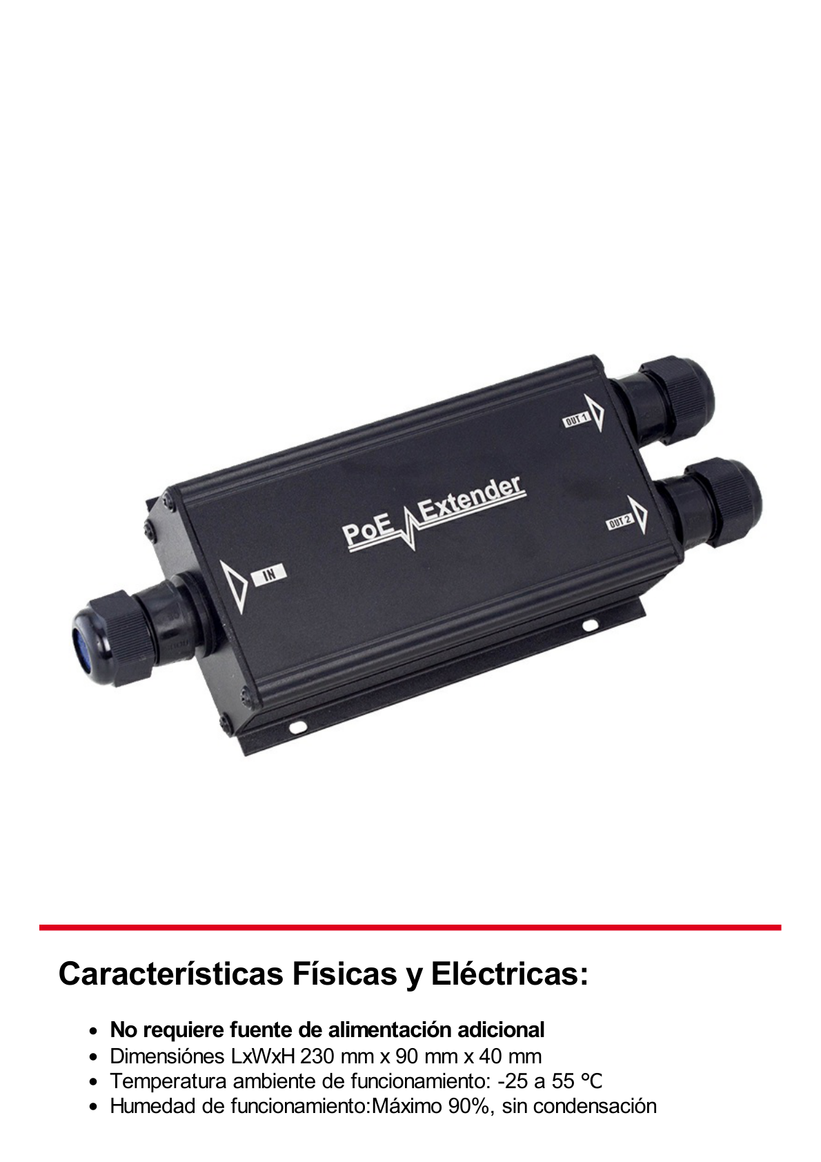 Extensor PoE/ 100 Metros / Intemperie (IP66) / 60 Watts / 1 puerto @ 2 salidas a 30 W  / No requiere fuente de alimentación adicional